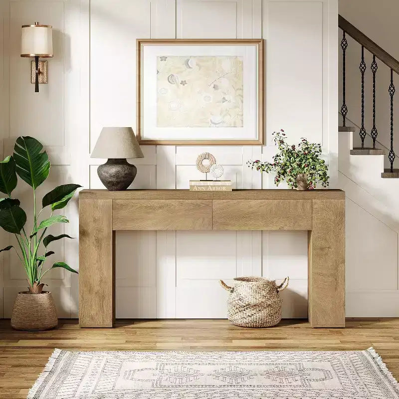 Table console en bois Lantine de 63 pouces avec 2 tiroirs cachés, table de canapé style ferme pour salon, couloir, entrée, hall, assemblage facile