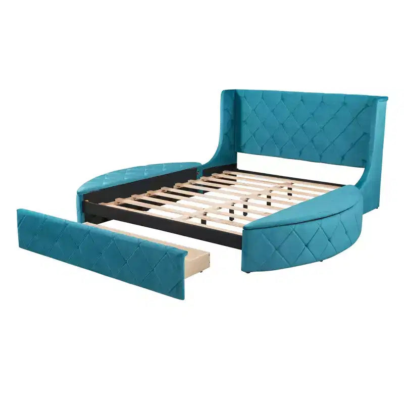 Lit plateforme rembourré grand format avec rangement, velours, tête de lit à oreilles et 1 grand tiroir, 2 tabourets de rangement latéraux (bleu)