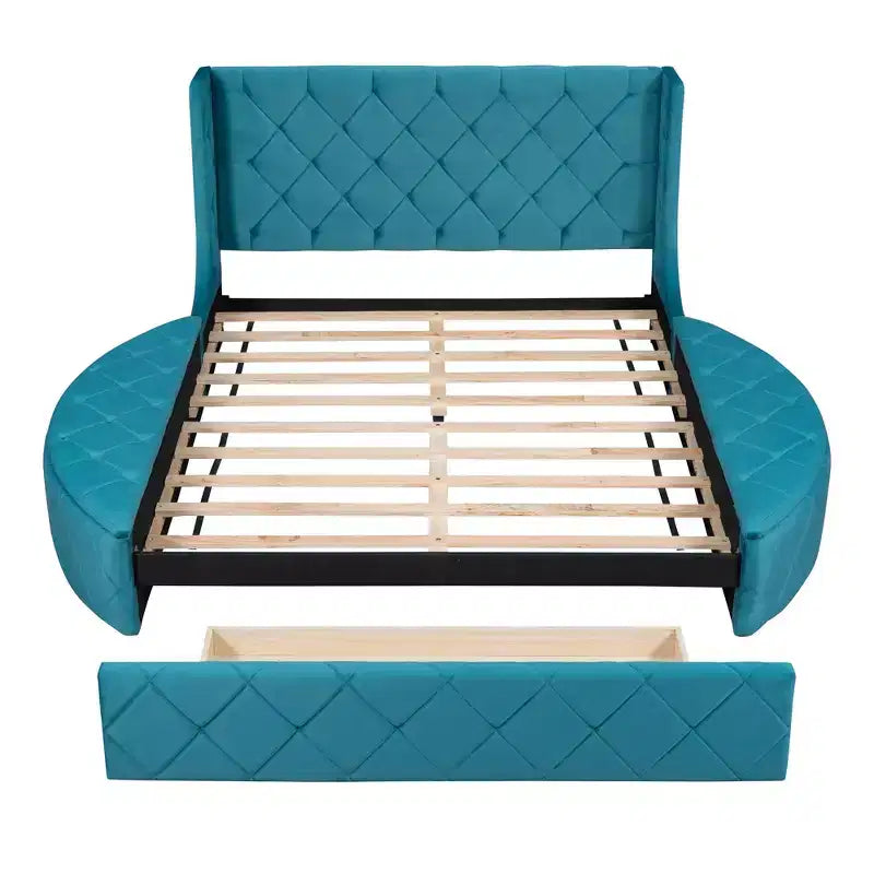 Lit plateforme rembourré grand format avec rangement, velours, tête de lit à oreilles et 1 grand tiroir, 2 tabourets de rangement latéraux (bleu)