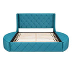 Lit plateforme rembourré grand format avec rangement, velours, tête de lit à oreilles et 1 grand tiroir, 2 tabourets de rangement latéraux (bleu)