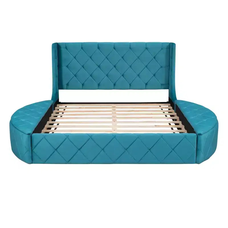 Lit plateforme rembourré grand format avec rangement, velours, tête de lit à oreilles et 1 grand tiroir, 2 tabourets de rangement latéraux (bleu)