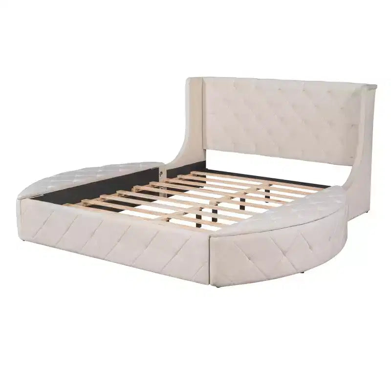 Lit plateforme rembourré grand format avec rangement, velours, tête de lit à oreilles et 1 grand tiroir, 2 tabourets de rangement latéraux (bleu)