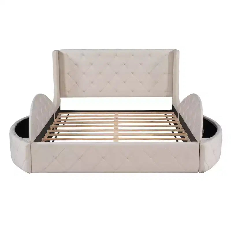 Lit plateforme rembourré grand format avec rangement, velours, tête de lit à oreilles et 1 grand tiroir, 2 tabourets de rangement latéraux (bleu)