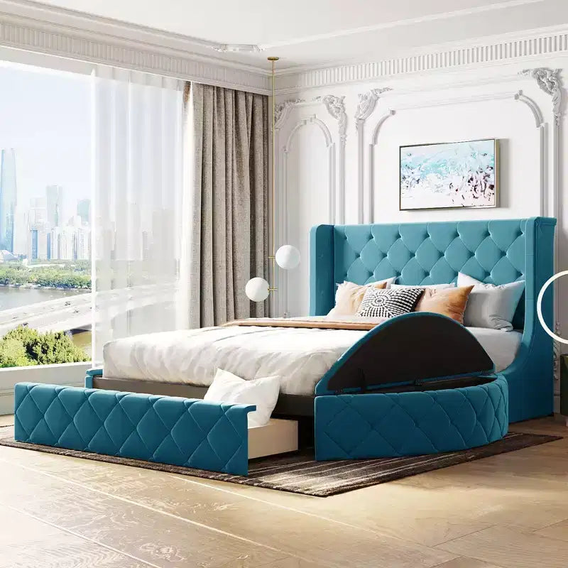 Upholstered Platform Bed Queen Size Storage Velvet Bed with Wingback Headboard and 1 Big Drawer 2 Side Storage Stool(Blue)