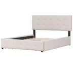 Lit plateforme capitonné avec tête de lit classique et 4 tiroirs - Aucun sommier requis - Tissu en lin - Grand lit (Queen) - Beige