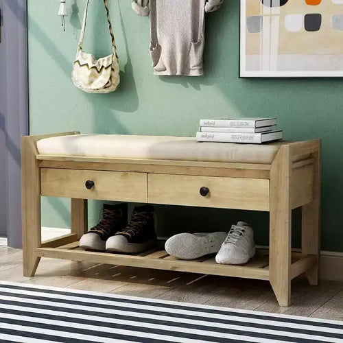 Acekool 35.4 Farmhouse Storage Bench with Cushion, 2-Tier Entryway Bench with Shelf & 2 Drawers for Bedroom, Hallway, Living Room, Gray Wash