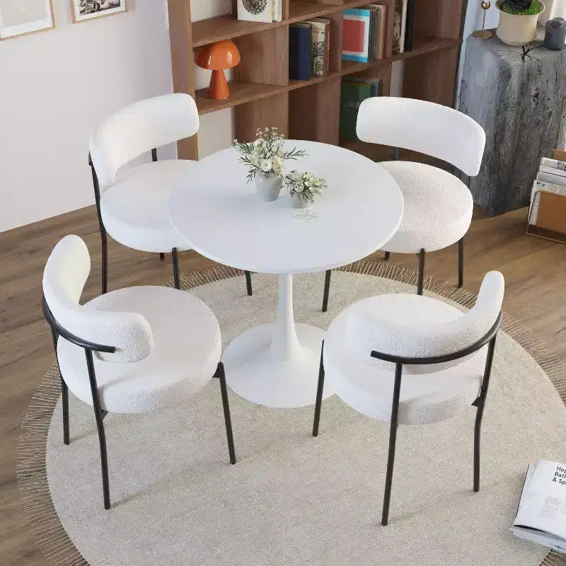Okak Chaises de salle à manger modernes du milieu du siècle, lot de 2, rondes, rembourrées avec dossier incurvé et pieds en métal, chaises d'appoint en bouclé pour cuisine et salle à manger