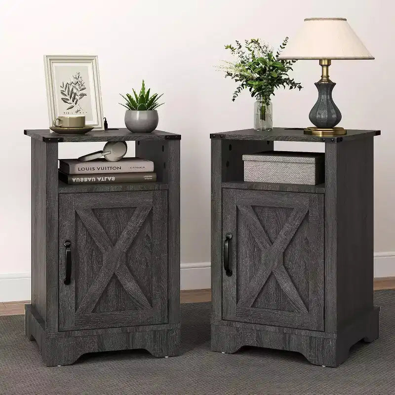 RoyalCraft Farmhouse Nightstand with Charging Station, Rustic End Table Set with Shelf and Storage for Bedroom or Home Office, Set of 2, Dark Grey