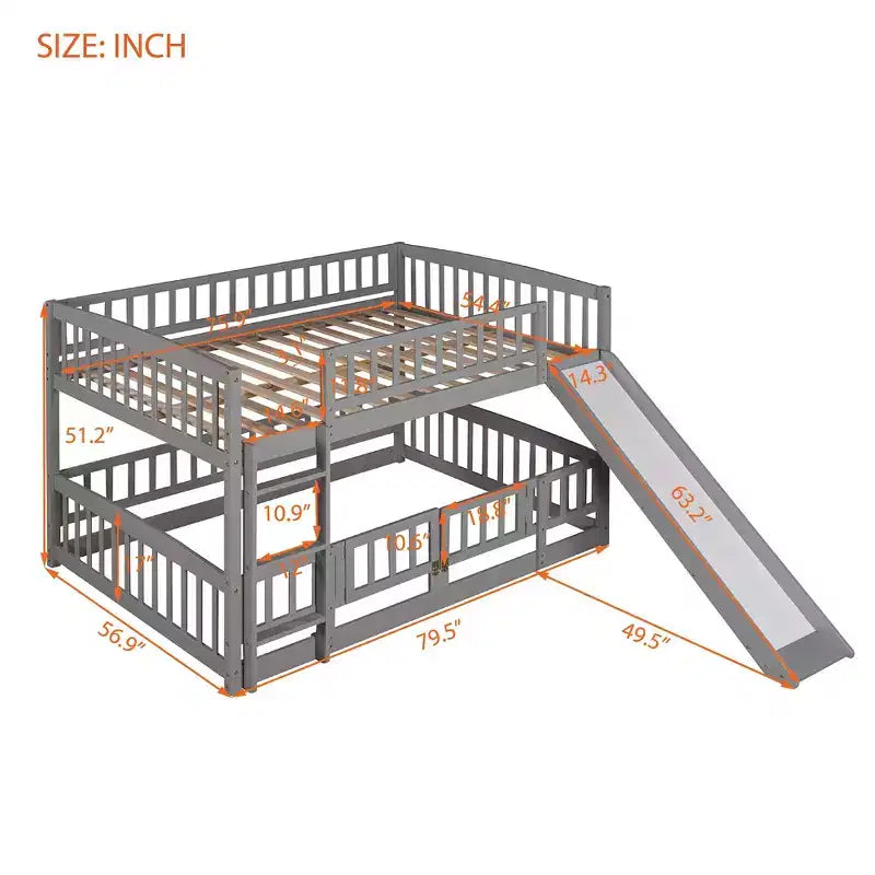 Lit superposé avec toboggan, lits superposés bas double sur double avec barrière et échelle pour tout-petits, enfants et adolescents, blanc