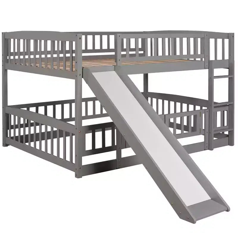 Lit superposé avec toboggan, lits superposés bas double sur double avec barrière et échelle pour tout-petits, enfants et adolescents, blanc