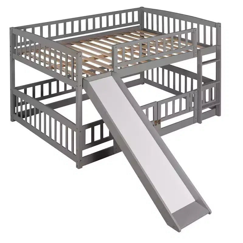 Lit superposé avec toboggan, lits superposés bas double sur double avec barrière et échelle pour tout-petits, enfants et adolescents, blanc