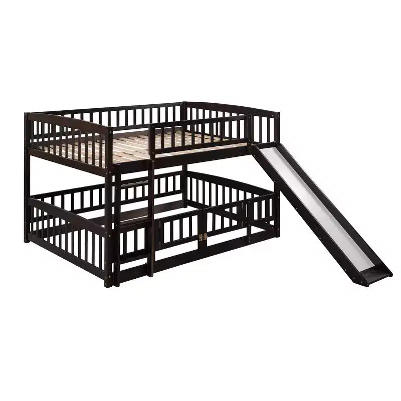 Lit superposé avec toboggan, lits superposés bas double sur double avec barrière et échelle pour tout-petits, enfants et adolescents, blanc