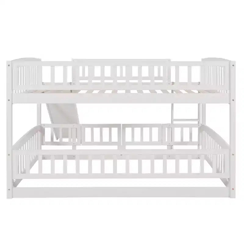 Lit superposé avec toboggan, lits superposés bas double sur double avec barrière et échelle pour tout-petits, enfants et adolescents, blanc