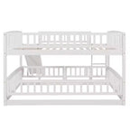Lit superposé avec toboggan, lits superposés bas double sur double avec barrière et échelle pour tout-petits, enfants et adolescents, blanc