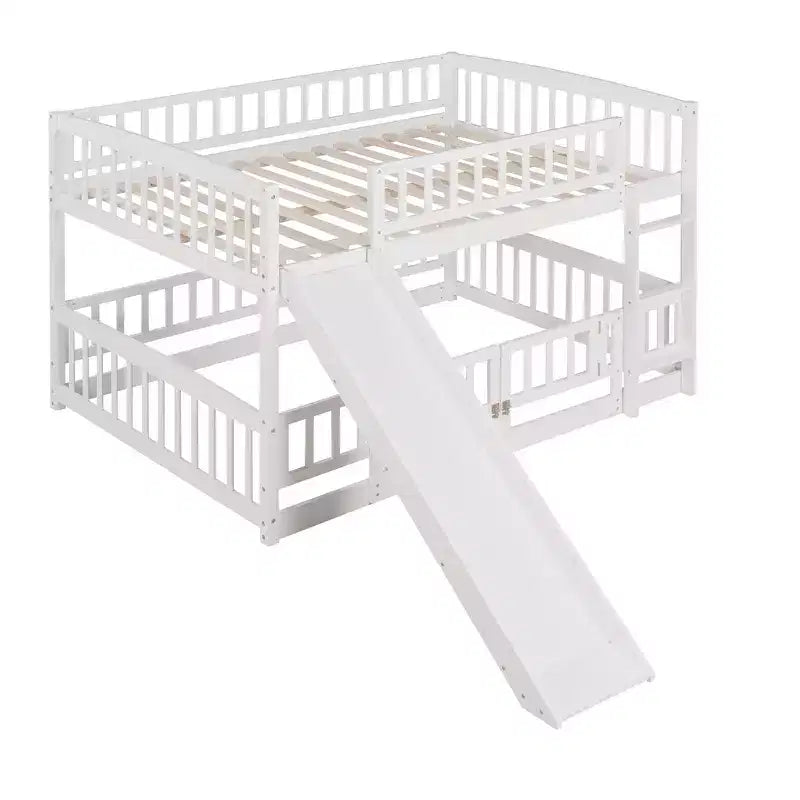 Lit superposé avec toboggan, lits superposés bas double sur double avec barrière et échelle pour tout-petits, enfants et adolescents, blanc