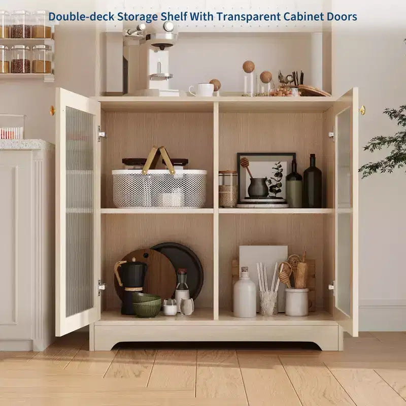Buffet Vaisselier Haut de 180 cm avec Vitrine - Meuble de Rangement 6 Niveaux avec 2 Portes Vitrées, Panneau Perforé, Étagère à Micro-ondes, Étagères Ouvertes, Meuble Bar à Café