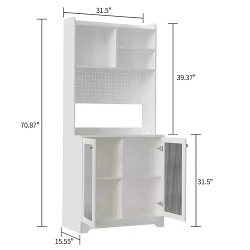 Buffet Vaisselier Haut de 180 cm avec Vitrine - Meuble de Rangement 6 Niveaux avec 2 Portes Vitrées, Panneau Perforé, Étagère à Micro-ondes, Étagères Ouvertes, Meuble Bar à Café