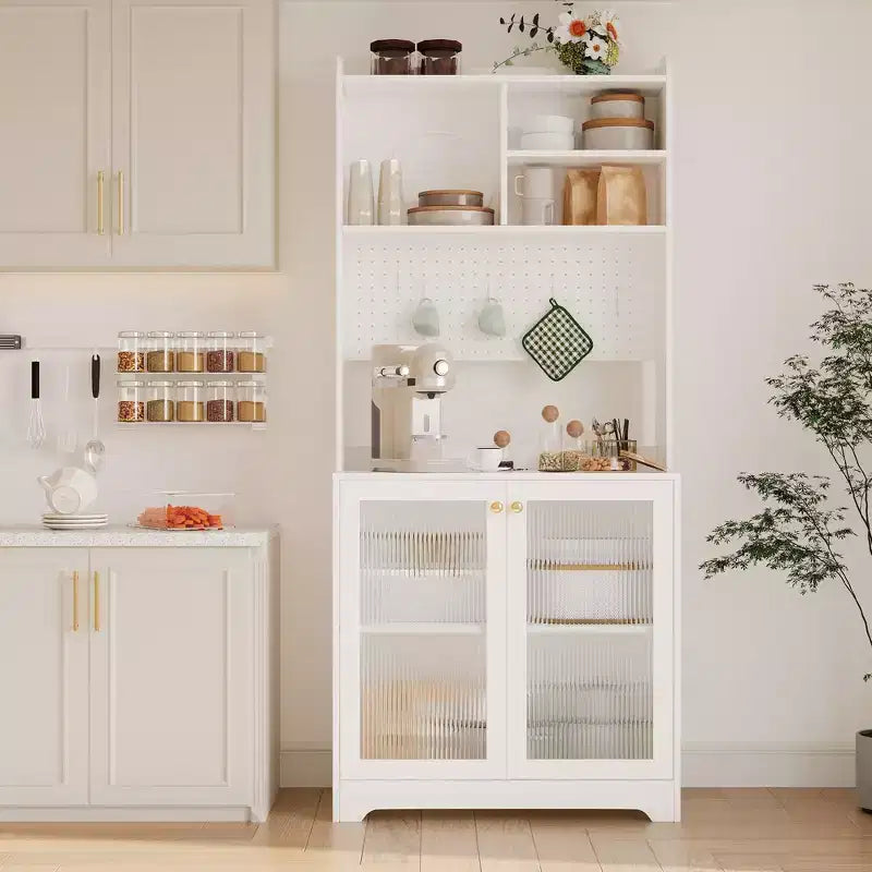 Buffet Vaisselier Haut de 180 cm avec Vitrine - Meuble de Rangement 6 Niveaux avec 2 Portes Vitrées, Panneau Perforé, Étagère à Micro-ondes, Étagères Ouvertes, Meuble Bar à Café