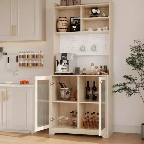 71 Tall Sideboard Buffet Cabinet with Hutch - 6-Tier Pantry Cabinet with 2 Glass Doors, Pegboard, Microwave Shelf, Open Shelves, Coffee Bar Station