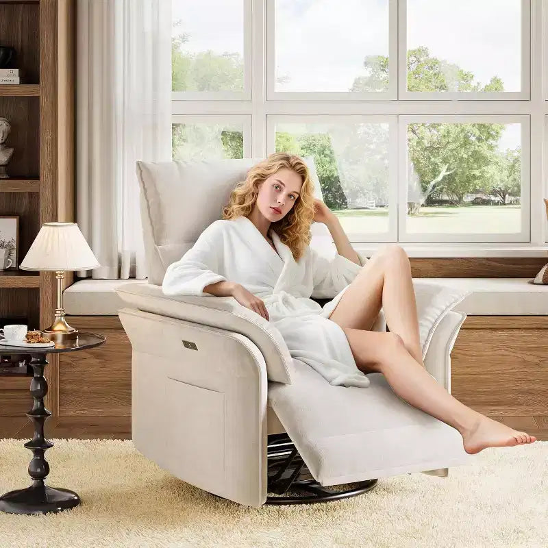 Fauteuil inclinable, fauteuil à bascule pivotant avec ports de chargement USB, fauteuil inclinable en tissu chenille rembourré avec accoudoirs à double couche