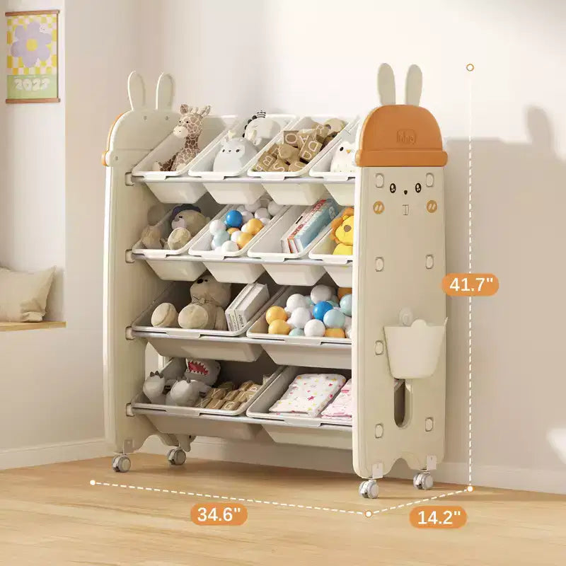 Organisateur de rangement de jouets pour enfants avec 12 bacs roulants en plastique sans BPA, étagère de salle de jeux à 4 niveaux
