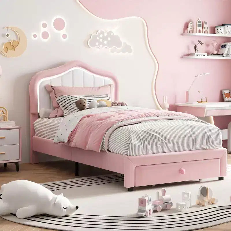 Cadre de lit rembourré avec tiroir de rangement et tête de lit LED intelligente, lit plateforme double pour enfants, support à lattes en bois, pas besoin de sommier tapissier