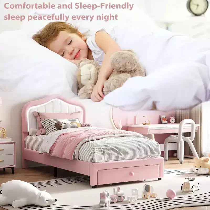 Cadre de lit rembourré avec tiroir de rangement et tête de lit LED intelligente, lit plateforme double pour enfants, support à lattes en bois, pas besoin de sommier tapissier