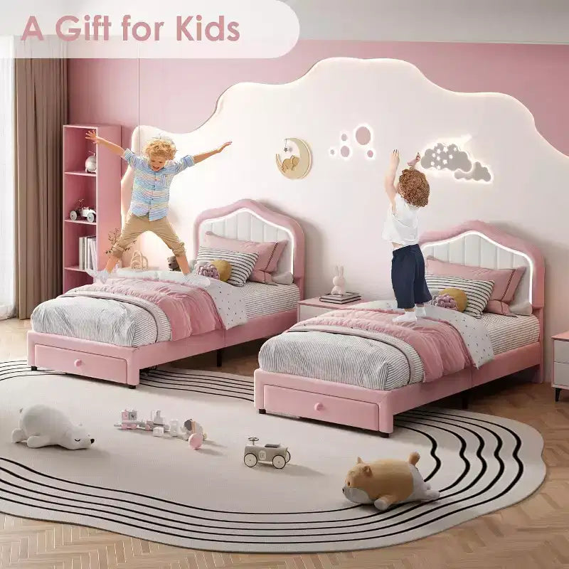 Cadre de lit rembourré avec tiroir de rangement et tête de lit LED intelligente, lit plateforme double pour enfants, support à lattes en bois, pas besoin de sommier tapissier