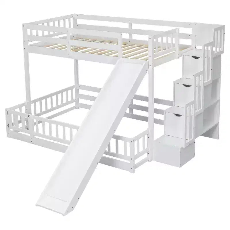 Lit superposé Whisen double sur plein avec toboggan et escalier de rangement