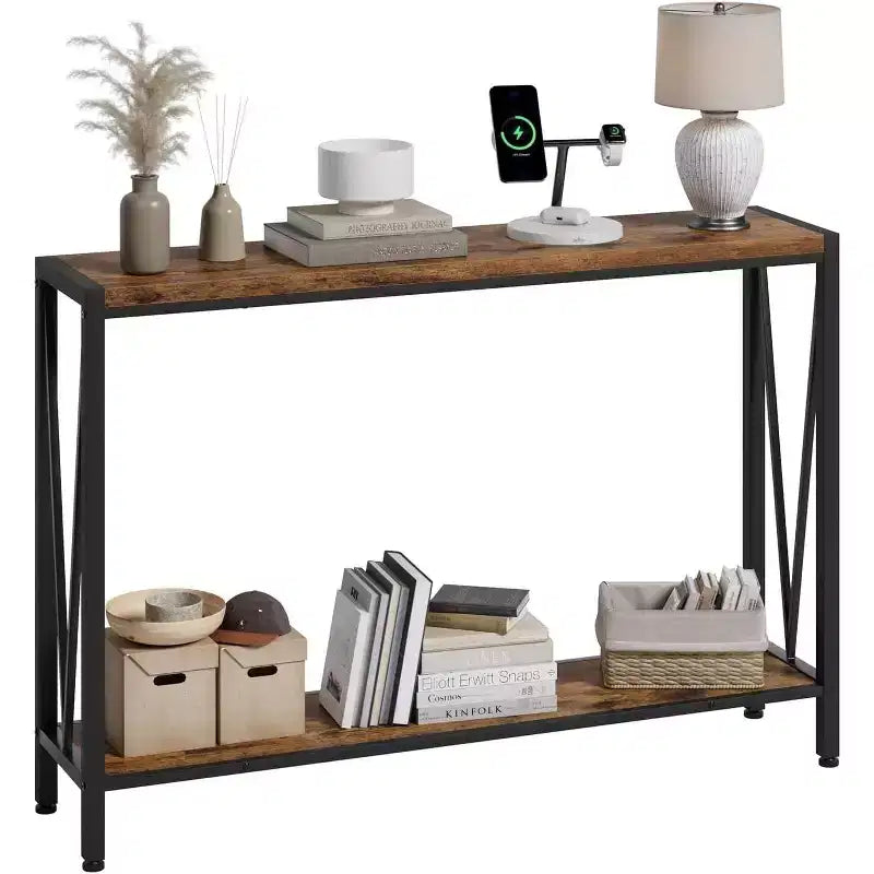 Table Console Industrielle Acekool avec Conception en V, Table d'Entrée/Canapé à 2 Niveaux pour Salon et Couloir, Rangement Peu Encombrant