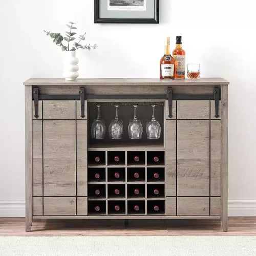 Acekool Bar Cabinet, 47 Buffet Server Sideboard with Sliding Barn Doors, Farmhouse Storage Cabinet with Adjustable Shelf for Dining Room Light Ivory