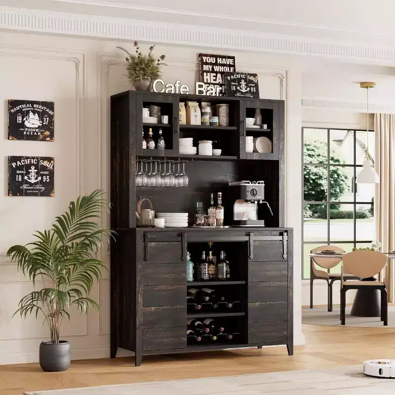 Acekool 70'' Meuble Bar à Café de Ferme, Buffet de Cuisine avec Porte Coulissante Grange, Vaisselier avec Casier à Vin et Range-Verres