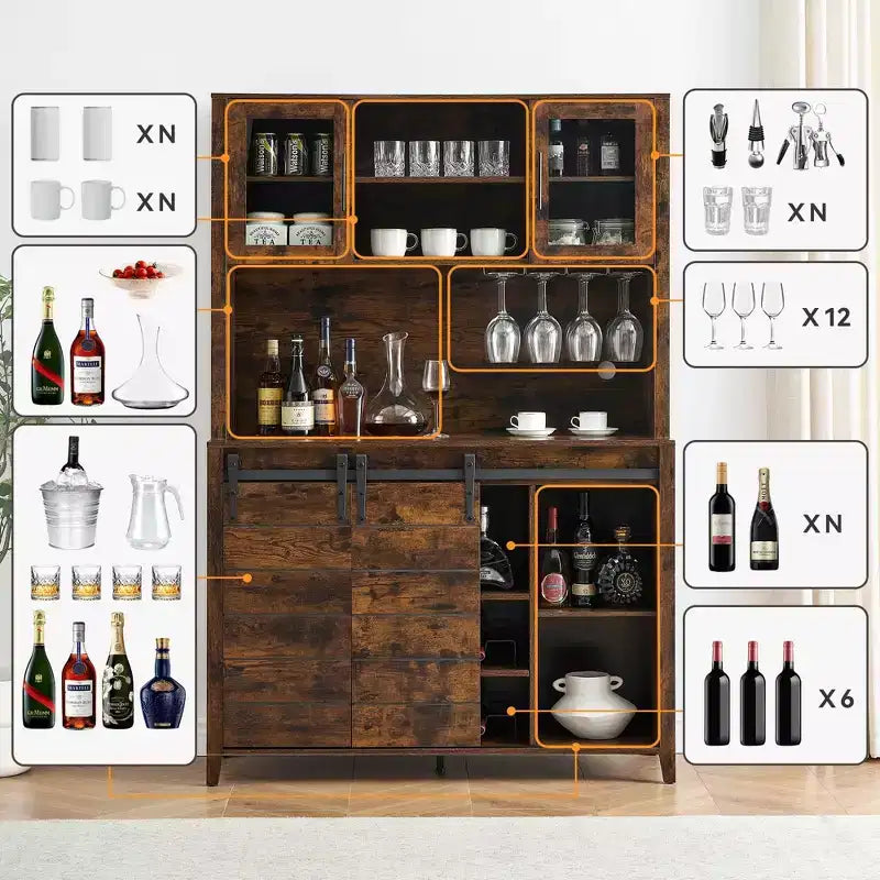 Acekool 70'' Meuble Bar à Café de Ferme, Buffet de Cuisine avec Porte Coulissante Grange, Vaisselier avec Casier à Vin et Range-Verres
