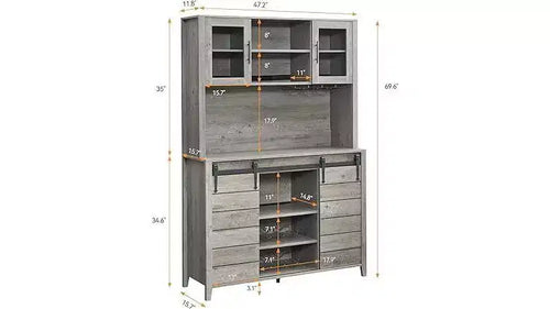 Acekool 70'' Meuble Bar à Café de Ferme, Buffet de Cuisine avec Porte Coulissante Grange, Vaisselier avec Casier à Vin et Range-Verres