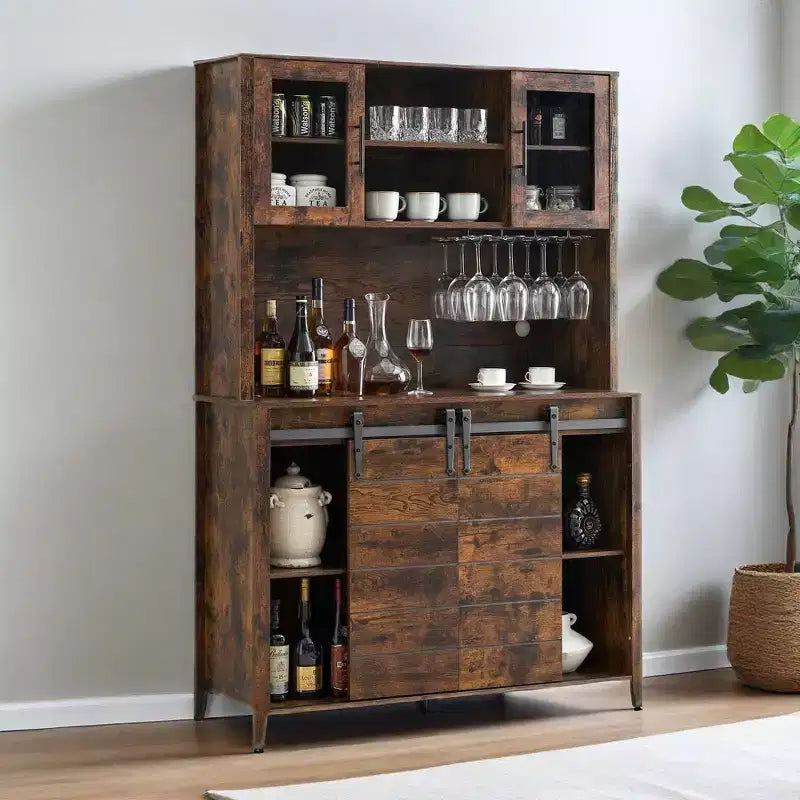 Acekool 70'' Meuble Bar à Café de Ferme, Buffet de Cuisine avec Porte Coulissante Grange, Vaisselier avec Casier à Vin et Range-Verres