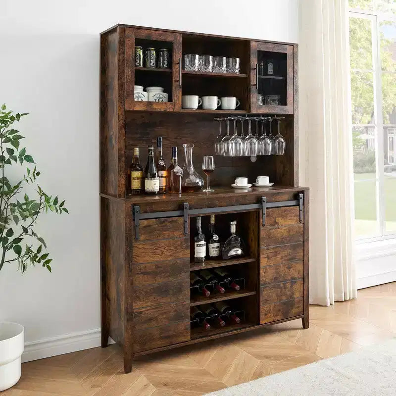 Acekool 70'' Meuble Bar à Café de Ferme, Buffet de Cuisine avec Porte Coulissante Grange, Vaisselier avec Casier à Vin et Range-Verres