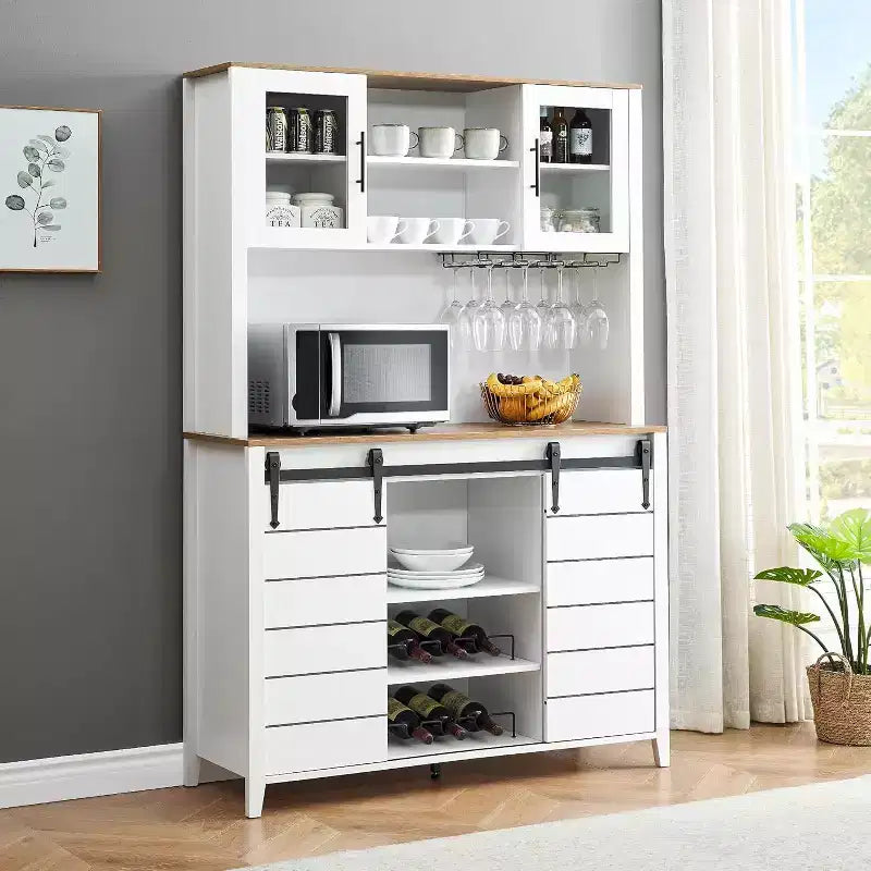 Acekool 70'' Meuble Bar à Café de Ferme, Buffet de Cuisine avec Porte Coulissante Grange, Vaisselier avec Casier à Vin et Range-Verres