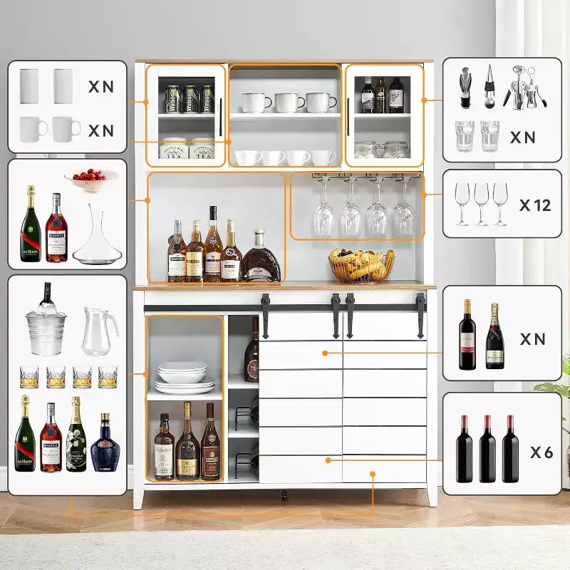 Acekool 70'' Meuble Bar à Café de Ferme, Buffet de Cuisine avec Porte Coulissante Grange, Vaisselier avec Casier à Vin et Range-Verres
