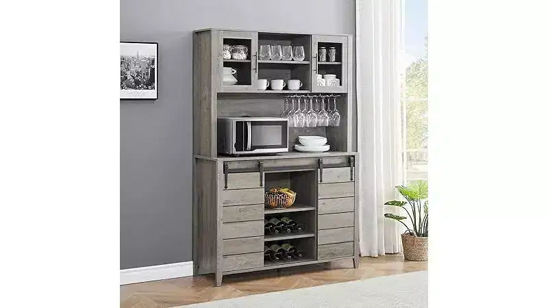Acekool 70'' Meuble Bar à Café de Ferme, Buffet de Cuisine avec Porte Coulissante Grange, Vaisselier avec Casier à Vin et Range-Verres