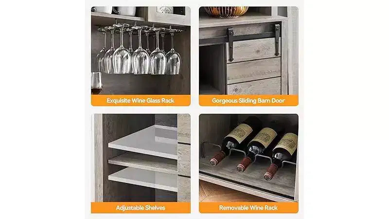 Acekool 70'' Meuble Bar à Café de Ferme, Buffet de Cuisine avec Porte Coulissante Grange, Vaisselier avec Casier à Vin et Range-Verres
