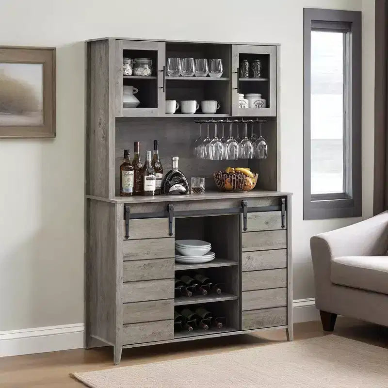 Acekool 70'' Meuble Bar à Café de Ferme, Buffet de Cuisine avec Porte Coulissante Grange, Vaisselier avec Casier à Vin et Range-Verres