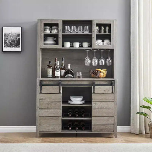 Acekool 70'' Farmhouse Coffee Bar Cabinet, Kitchen Hutch Storage with Sliding Barn Door, Buffet Sideboard with Wine Rack & Glass Slots