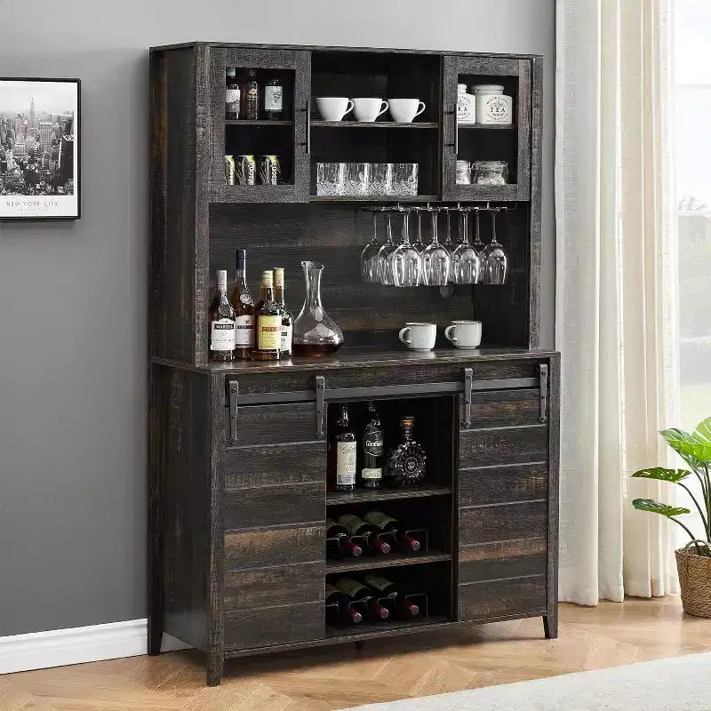 Acekool 70'' Meuble Bar à Café de Ferme, Buffet de Cuisine avec Porte Coulissante Grange, Vaisselier avec Casier à Vin et Range-Verres