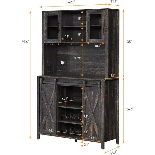 Acekool Meuble Bar à Vin 70" avec Étagère Supérieure, Portes Coulissantes Type Grange, Étagères Réglables, Supports à Verres, Couleur Bois Brûlé