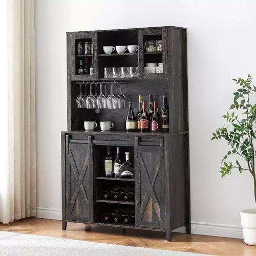 Acekool 70 Wine Bar Cabinet with Storage Hutch, Sliding Barn Doors, Adjustable Shelves, Glass Racks, Burnt Color