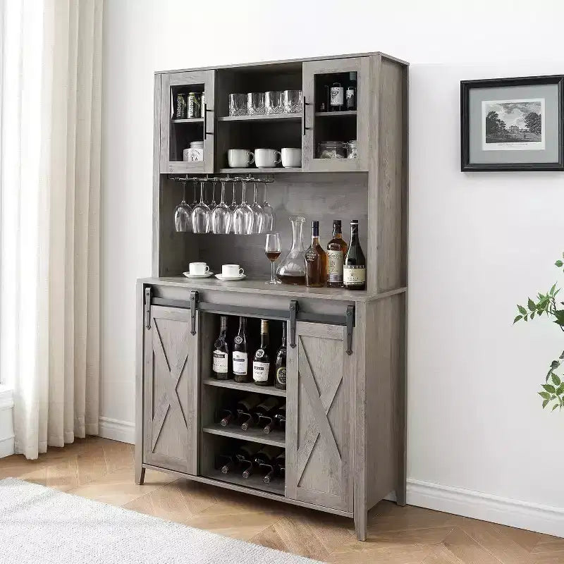 Acekool Meuble Bar à Vin 70" avec Étagère Supérieure, Portes Coulissantes Type Grange, Étagères Réglables, Supports à Verres, Couleur Bois Brûlé