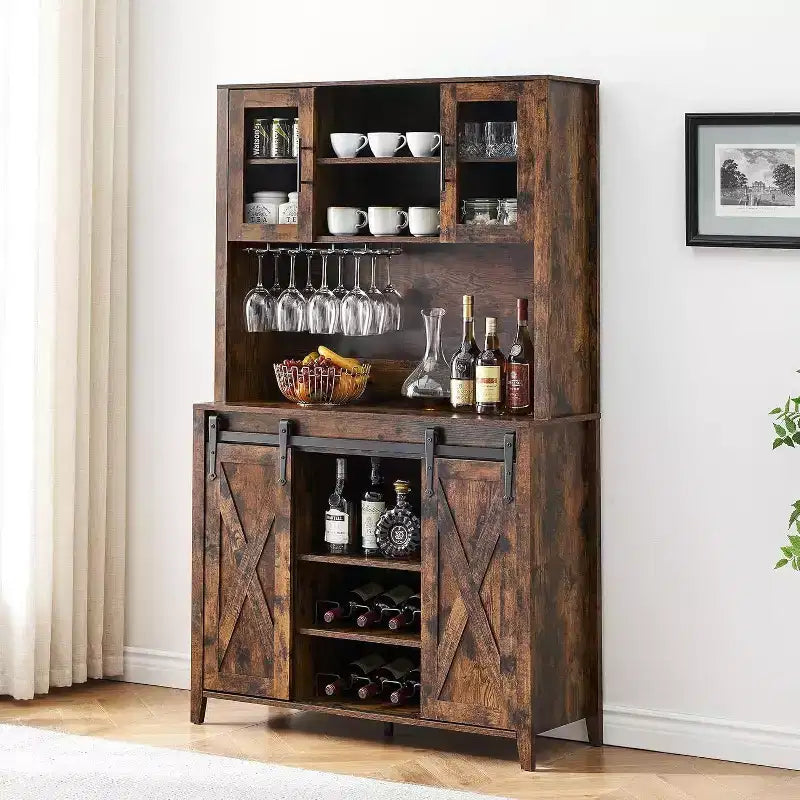 Acekool Meuble Bar à Vin 70" avec Étagère Supérieure, Portes Coulissantes Type Grange, Étagères Réglables, Supports à Verres, Couleur Bois Brûlé
