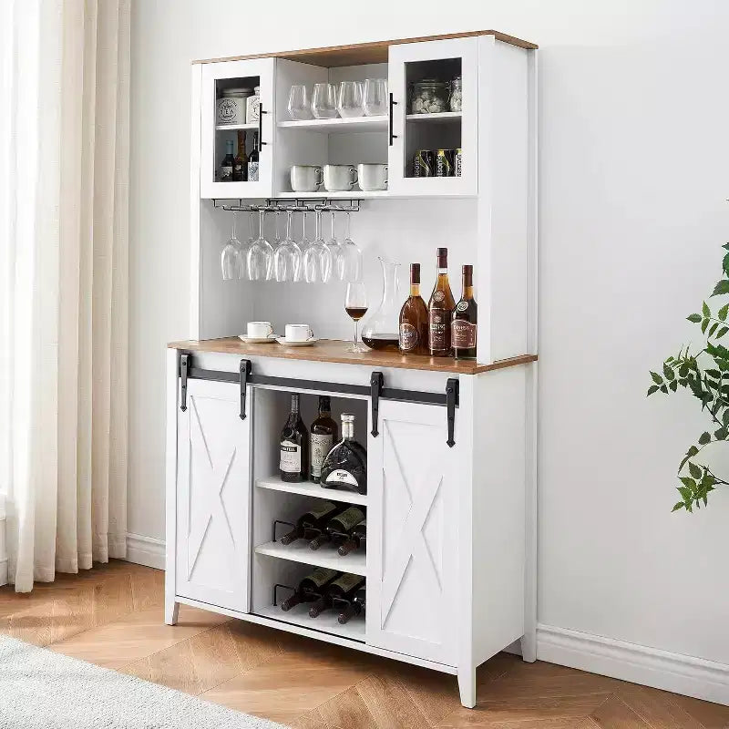 Acekool Meuble Bar à Vin 70" avec Étagère Supérieure, Portes Coulissantes Type Grange, Étagères Réglables, Supports à Verres, Couleur Bois Brûlé