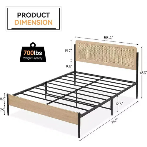 Cadre de lit en rotin intégral Acekool, tête de lit en rotin naturel, plateforme bohème, rangement sous le lit, sommier tapissier non requis, chêne blanc