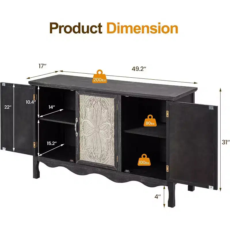 RoyalCraft Buffet de Ferme en Bois Massif, Desserte 3 Portes avec Rangement pour Salle à Manger, Cuisine, Entrée, 124 cm, Noir